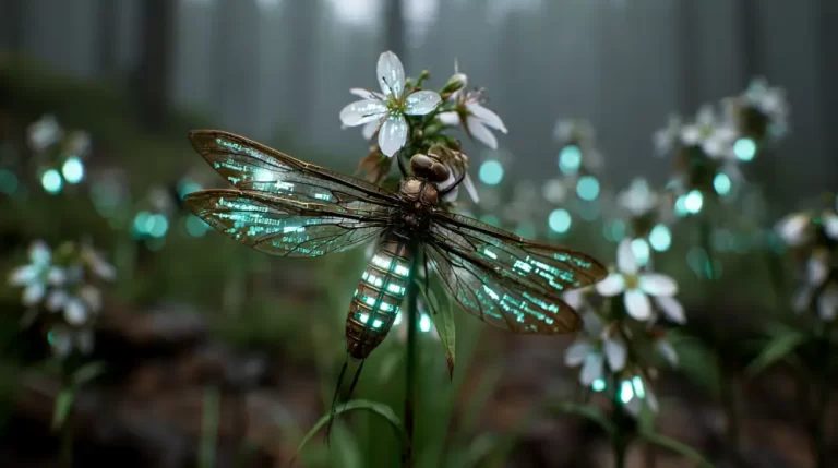 Biopunk Bioluminescent Cyber Dragonfly Close Up showing a glowing bioengineered dragonfly resting on a delicate white flower.