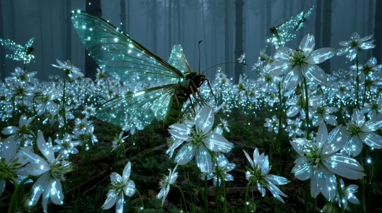 Biopunk Bioluminescent Cyber Moth Flower Meadow featuring a glowing bioengineered moth hovering above luminous white flowers in a futuristic forest.