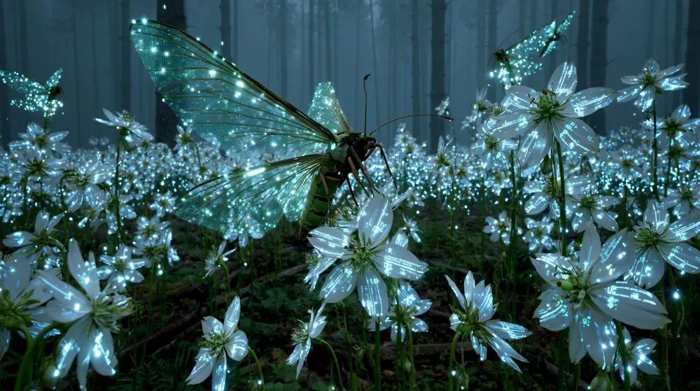 Biopunk Bioluminescent Cyber Moth Flower Meadow featuring a glowing bioengineered moth hovering above luminous white flowers in a futuristic forest.