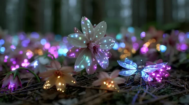 Biopunk Bioluminescent Digital Flower And Cyber Insect featuring a glowing bioengineered flower beside a luminous cyber insect in a futuristic forest.