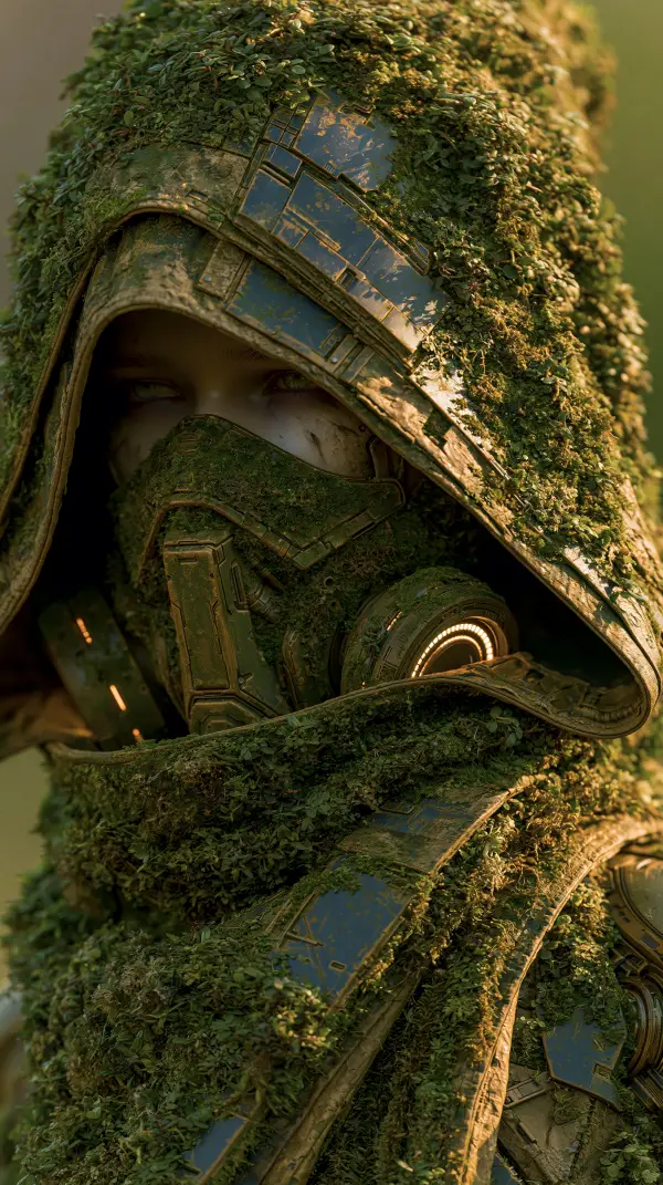 A close portrait of a biopunk nomad wearing a living moss-covered suit and organic respirator in a lush forest.