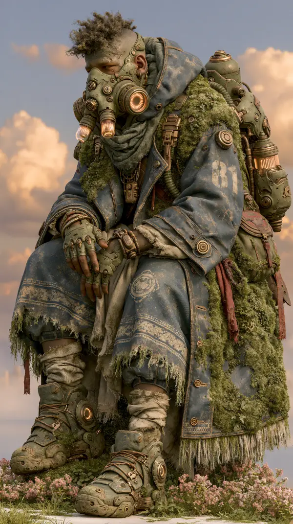 A biopunk nomad wearing a moss-covered bioengineered survival suit and respirator rests during a journey through the wild.