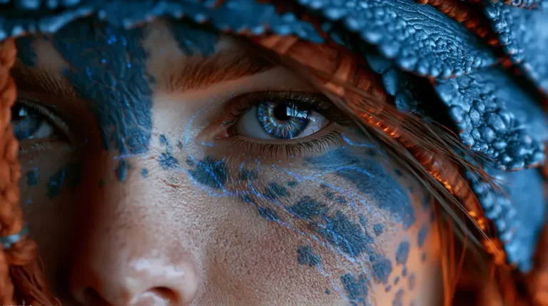 Biopunk Draconic Human Eye Closeup revealing reptilian skin, glowing organic textures, and a genetically engineered human eye with dragon-inspired biological features.