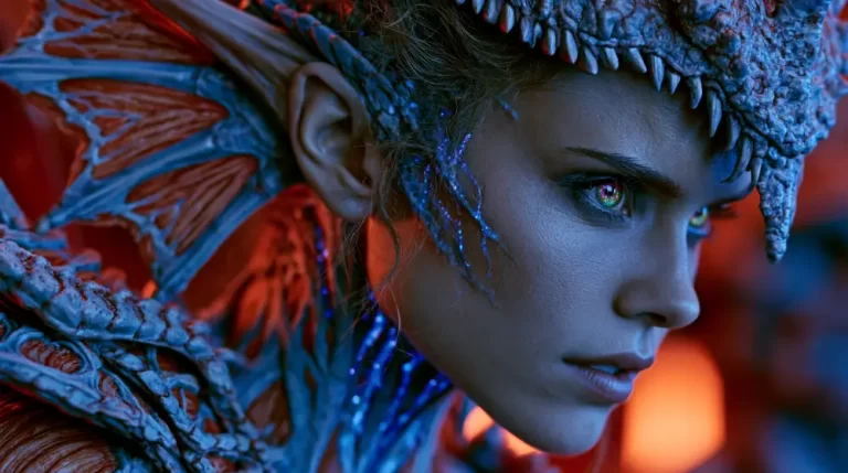 Biopunk Draconic Human Genetic Hybrid Portrait featuring a bioengineered woman with living draconic armor, glowing eyes, and organic genetic adaptations.
