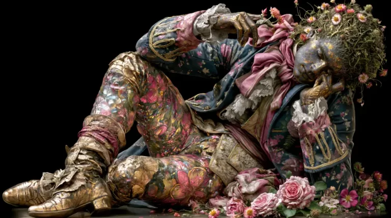 Biopunk Floral Bioaugmented Human Sculpture depicting a sleeping bioengineered figure with living flowers, organic growth, and metallic biological enhancements.