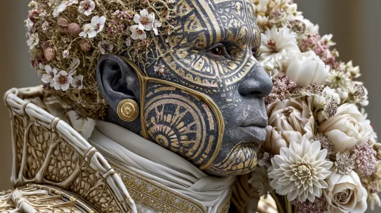 Biopunk Floral Genetic Noble portraying an enhanced aristocrat with bioengineered floral growth, intricate organic facial patterns, and living biological ornamentation.