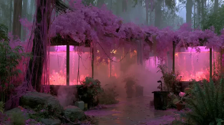 Biopunk Forest Genetic Greenhouse Complex featuring glowing bioengineered greenhouses cultivating living genetic organisms within a misty woodland.