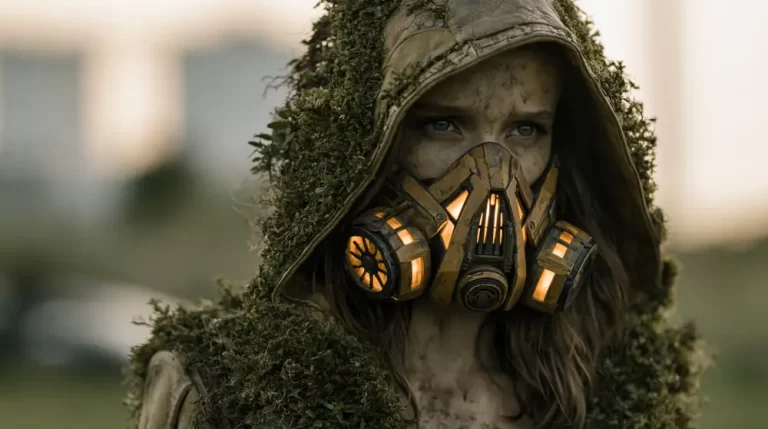 Biopunk Forest Survivor With Organic Respirator Mask portraying a bioengineered survivor wearing a glowing respirator and moss-covered protective clothing.