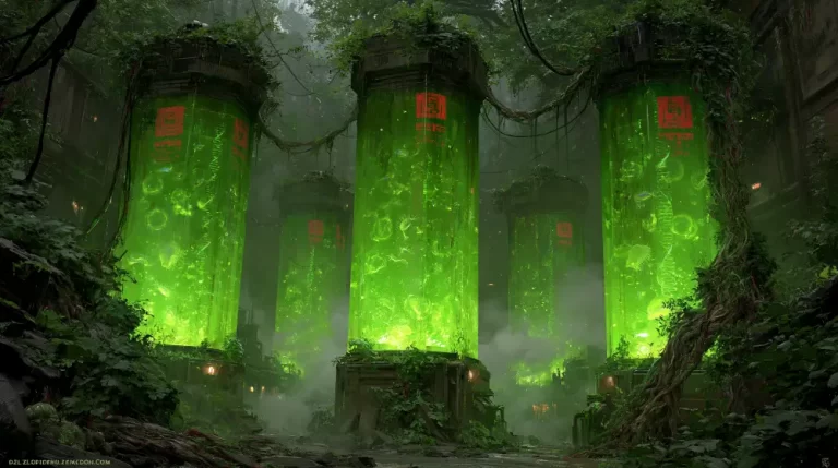 Biopunk Genetic Preservation Vault with towering green containment chambers preserving engineered organisms inside an overgrown forest laboratory.
