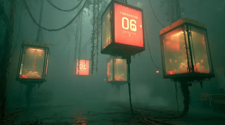 Biopunk Genetic Specimen Containment Chamber containing suspended bioengineered DNA samples inside a dark organic research facility.