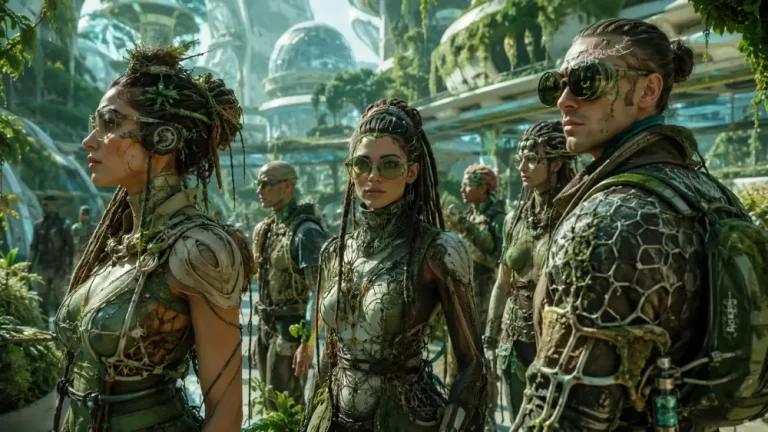 Biopunk Genetically Enhanced Citizens Urban Biosphere featuring bioengineered people wearing organic technology in a lush futuristic city.