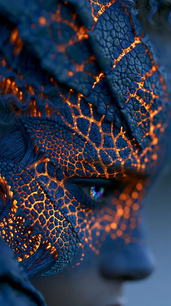 Extreme close-up of a biopunk face with glowing organic cybernetic tissue, bioengineered skin, and a vivid enhanced eye.