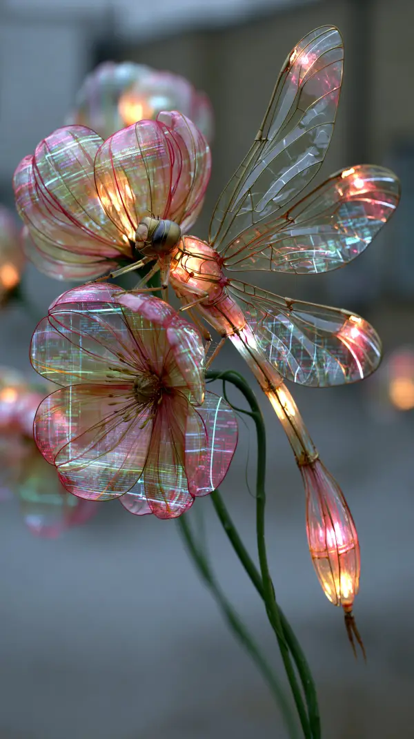 A close-up of a biopunk holographic dragonfly resting on translucent bioengineered flowers with glowing organic details.