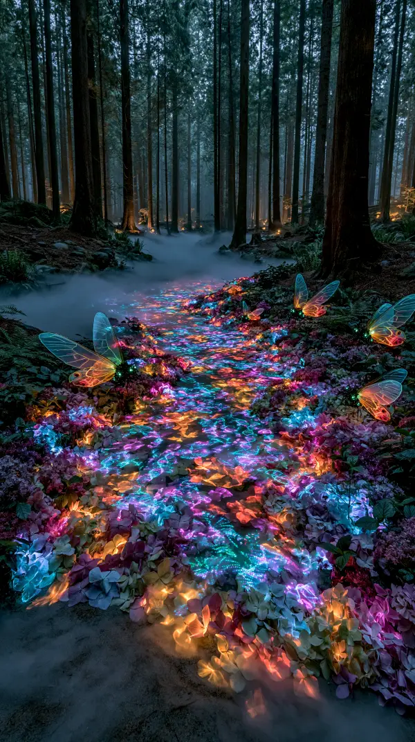 A glowing biopunk forest path lined with holographic flowers and luminous insect-like creatures beneath towering trees.
