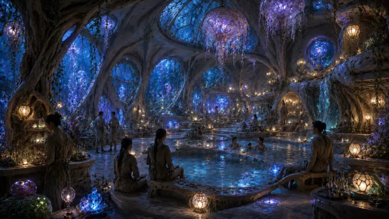 Biopunk Living Bioregeneration Wellness Sanctuary with bioengineered healing pools, glowing organic architecture, and peaceful futuristic interiors.
