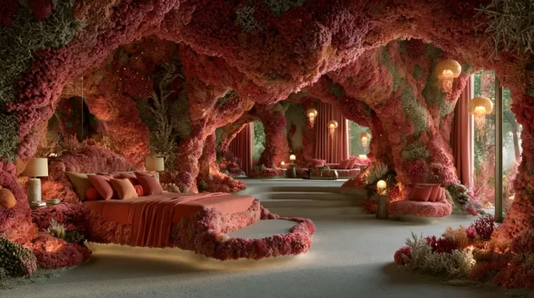 Biopunk Living Coral Bedroom featuring an organic sleeping space sculpted from living coral formations, bioengineered architecture, and glowing marine-inspired illumination.