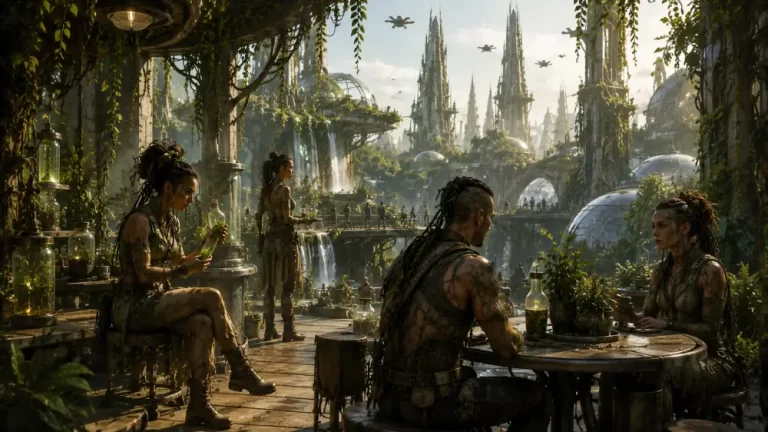 Biopunk Living Garden City Botanical Research District with bioengineered citizens, lush vegetation, organic domes, and futuristic botanical laboratories.