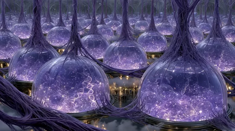 Biopunk Living Genome Vault containing colossal bioengineered incubation domes linked by living neural roots that preserve evolving genetic lifeforms.