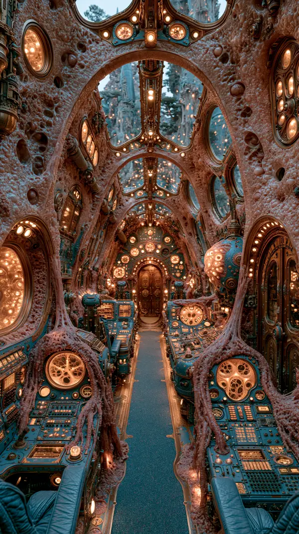 A biopunk command center featuring living organic architecture fused with advanced control consoles inside a bioengineered facility.