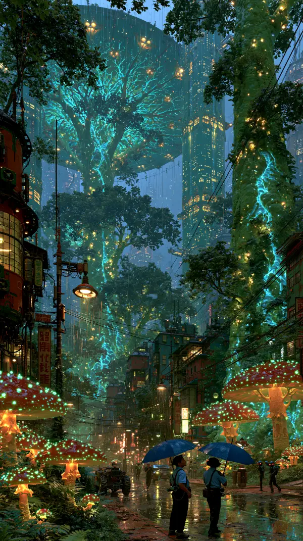 A biopunk metropolis where colossal glowing trees, living architecture, and lush vegetation transform a futuristic city into a thriving ecosystem.