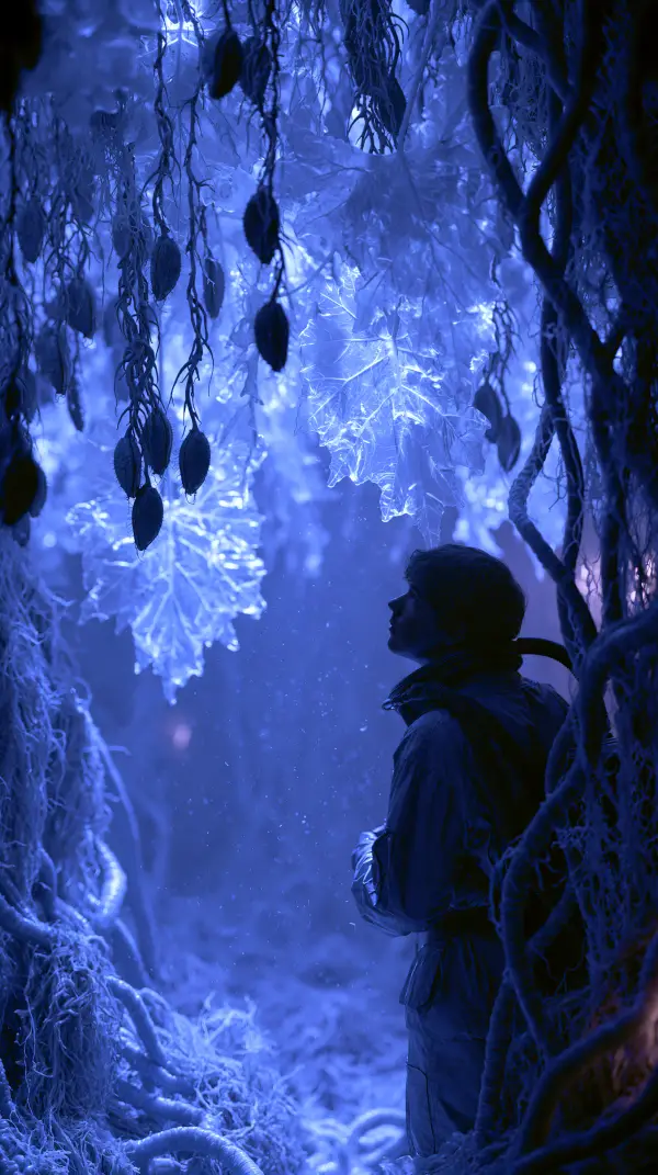 A lone explorer studies glowing bioengineered plants and living vines inside a luminous synthetic botanical conservatory.