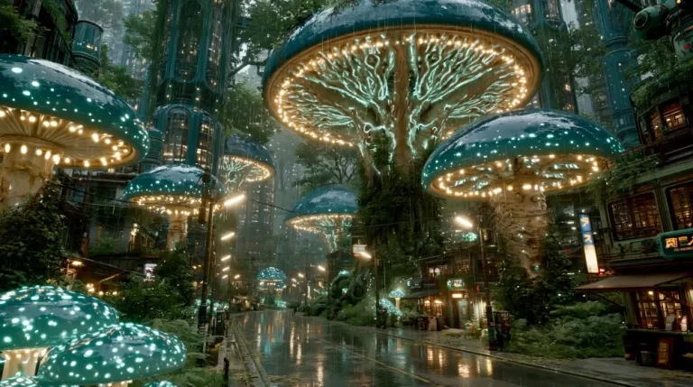 Biopunk Mushroom Metropolis with colossal glowing fungi rising through a rain-soaked futuristic city of living towers and dense vegetation.