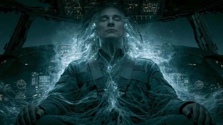 Biopunk Neural Pilot Interface showing a starship pilot connected to living neural filaments inside an organic spacecraft cockpit.