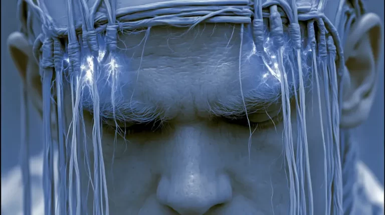 Biopunk Neural Symbiosis Interface Close Up showing a bioengineered human with living neural fibers and glowing biological connections across the forehead.