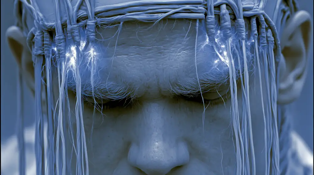 Biopunk Neural Symbiosis Interface Close Up showing a bioengineered human with living neural fibers and glowing biological connections across the forehead.