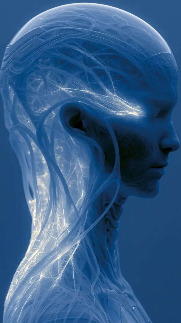 A side profile of a bioengineered human with glowing neural pathways and symbiotic organic connections integrated throughout the body.