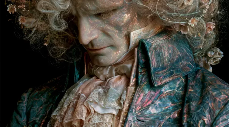 Biopunk Organic Aristocrat Portrait featuring an elegant noble transformed by iridescent living tissues, floral bioengineering, and organic symbiotic evolution.