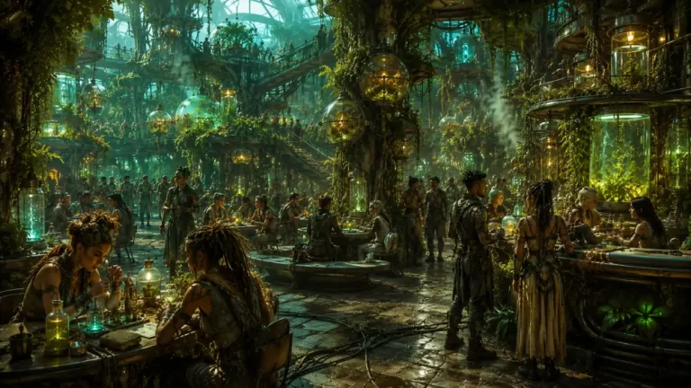 Biopunk Organic Biodome Social Research Hub where bioengineered citizens gather among living laboratories and lush organic architecture.
