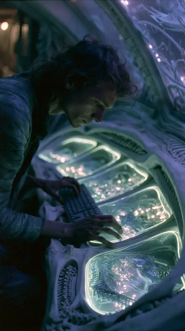 A biopunk technician operates a glowing organic genetic control console inside a living biotechnology facility.