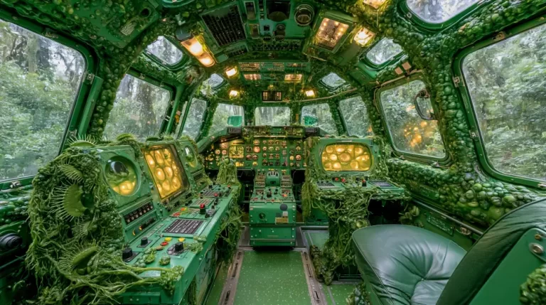 Biopunk Organic Command Cockpit featuring a bioengineered control room where living plant tissue has fused with a futuristic vehicle interior.