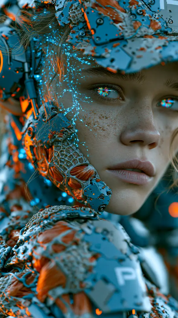 Close-up portrait of a biopunk female warrior with organic cybernetic implants, glowing neural patterns, and vivid bioengineered eyes.