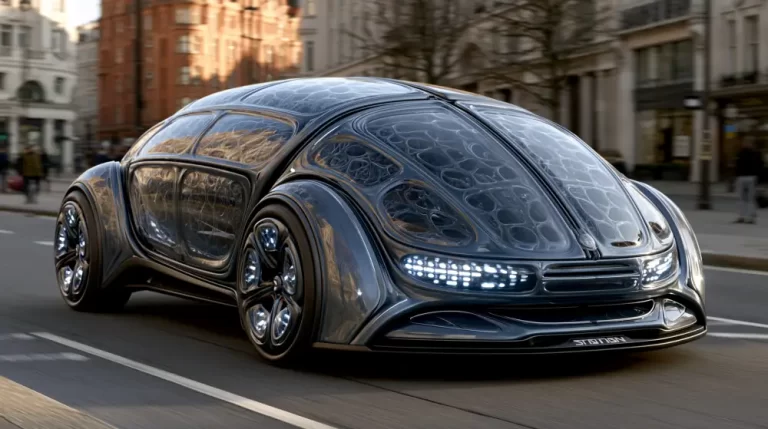 Biopunk Organic Electric City Car Side View featuring a futuristic bioengineered vehicle with living body panels driving through an urban street.
