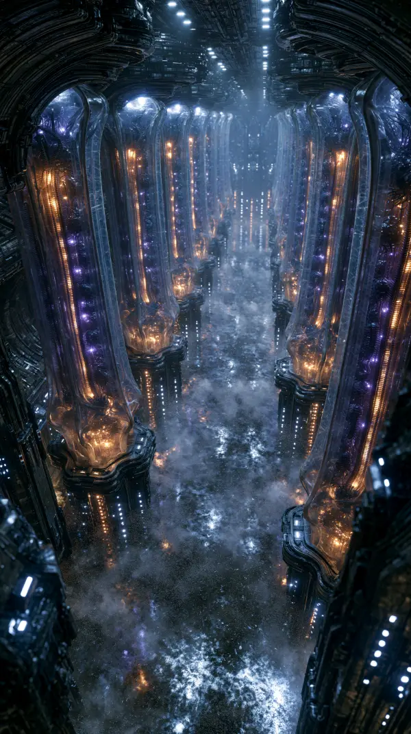 A vast biopunk incubation vault filled with towering organic genetic growth chambers glowing with living biotechnology.