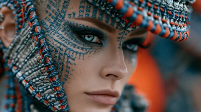 Biopunk Ornamental Genetic Interface Portrait featuring a bioengineered woman with living facial biointerfaces, intricate organic patterns, and enhanced luminous eyes.