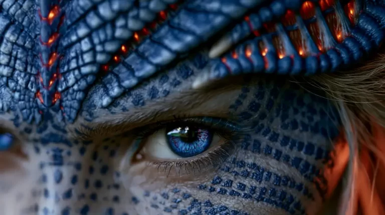Biopunk Reptilian Human Genetic Mutation Close Up featuring a bioengineered human with reptilian scales, glowing organic armor, and vivid blue eyes.