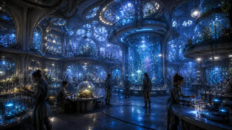 Biopunk Symbiotic Botanical Research Laboratory Complex with scientists cultivating glowing bioengineered plants inside an organic futuristic research facility.