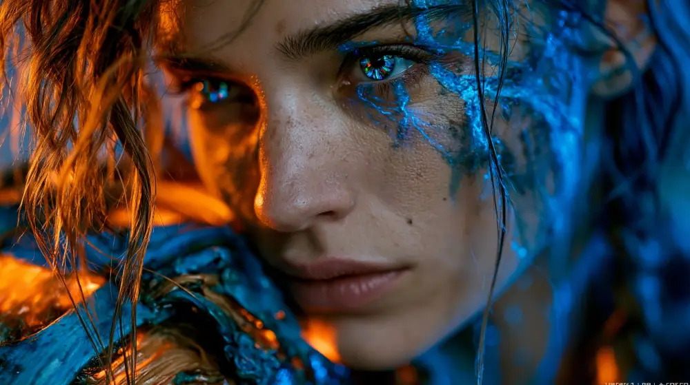 Biopunk Symbiotic Human Genetic Enhancement Portrait showing a close-up of a bioengineered woman with glowing organic facial patterns and vivid eyes.