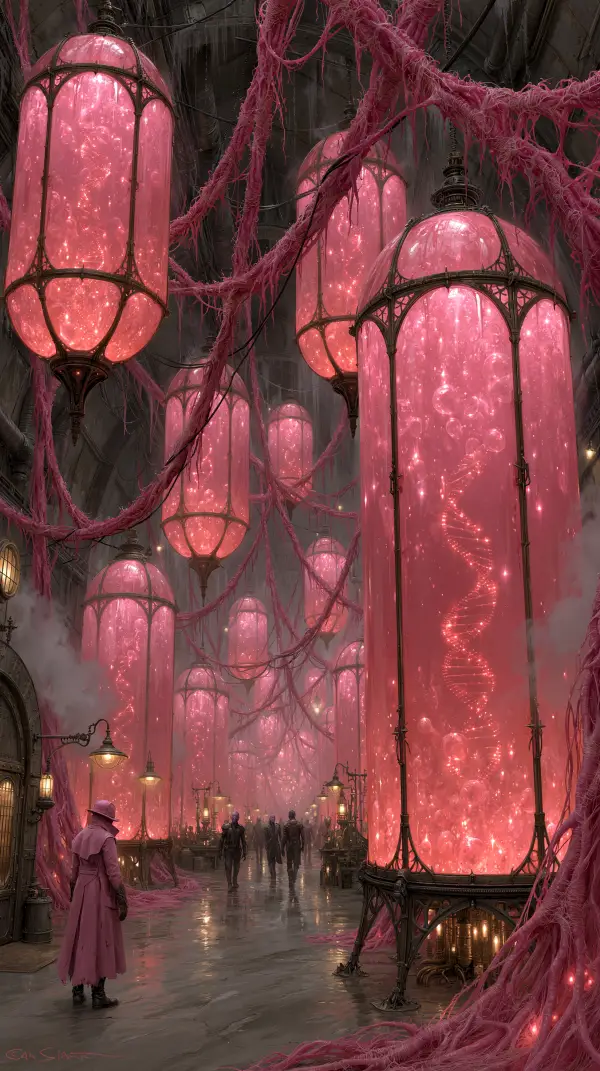 A vast biopunk underground corridor lined with towering genetic incubation chambers filled with glowing DNA and living organic tissue.