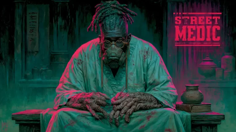 Biopunk Underground Street Medic Genetic Clinic featuring a bioengineered medic with mutated hands providing underground genetic treatment.