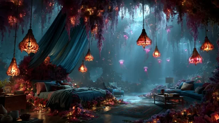 Biopunk Underwater Bedroom Sanctuary blending a luxurious living space with glowing coral, drifting jellyfish, and organic marine architecture beneath the ocean.
