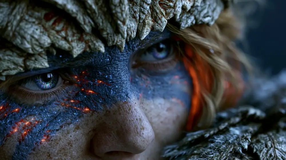 Biopunk Volcanic Human Genetic Transformation Portrait showing a close-up of a bioengineered face with glowing skin patterns and mineral growth.