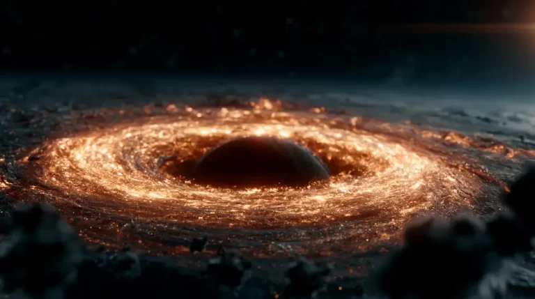 A close-up view of a dark celestial sphere surrounded by a swirling ring of molten fire and cosmic debris.