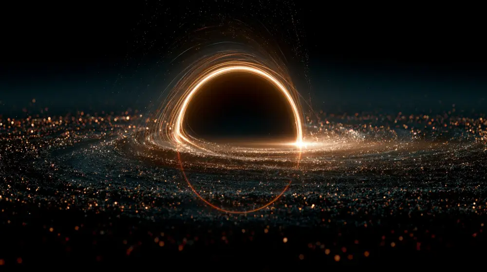 A massive black hole surrounded by a bright glowing golden accretion disk of swirling cosmic particles in deep space.
