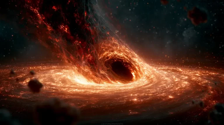 A massive black hole vortex creating a deep dark hole surrounded by a wide swirling fiery orange accretion disk.