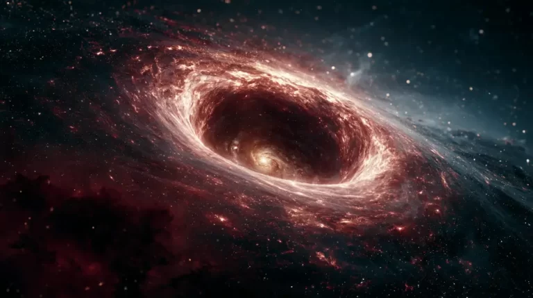A massive black hole vortex creating a deep gravitational chasm surrounded by a swirling dark red accretion disk.