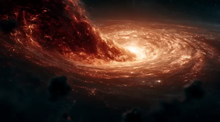 A massive black hole vortex forming a deep gravitational funnel surrounded by a swirling orange accretion disk and dark space rocks.